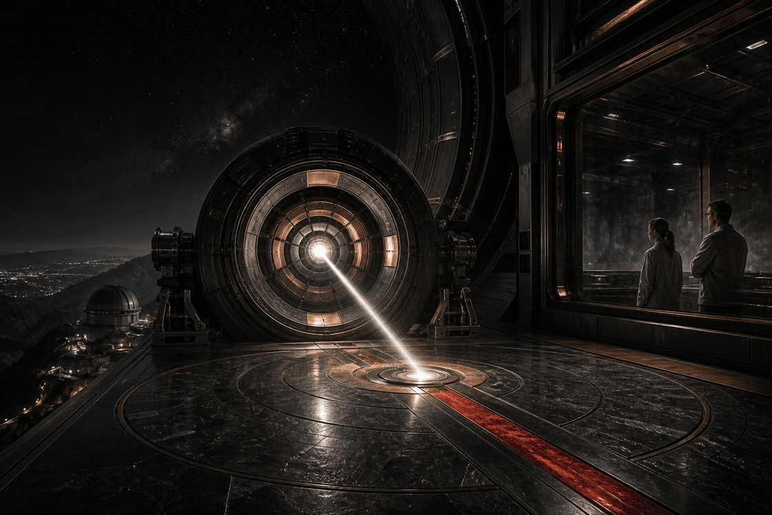 A celestial research instrument halted as its concentrated beam crosses a red safety boundary and activates nested containment shutters
