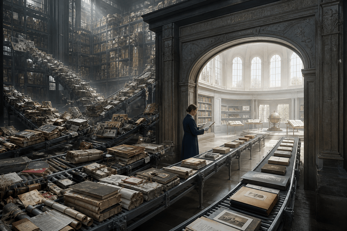 A curator admits a small ordered set of records from a chaotic archive conveyor into a bright, quiet reading chamber