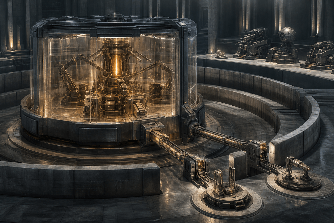 A powerful experimental machine operates inside a transparent containment chamber with only a few permitted tool channels crossing concentric safety walls