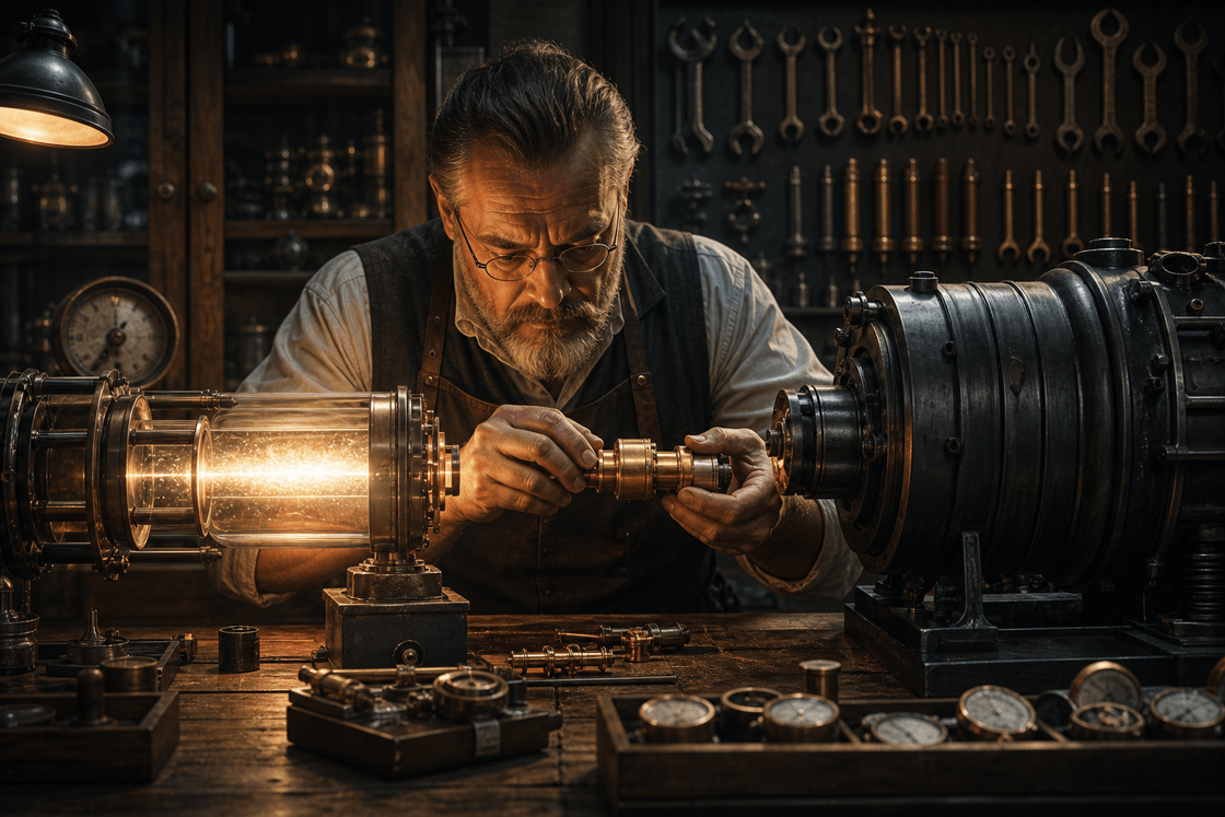 A precision instrument maker fits one exact brass coupling between a luminous core and a consequential machine while unused tools hang in shadow