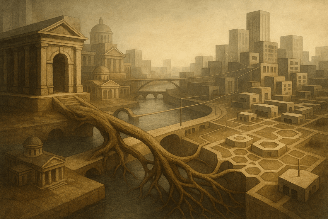 Cover illustration for Architectural Roots showing the evolution of software architecture into composable systems