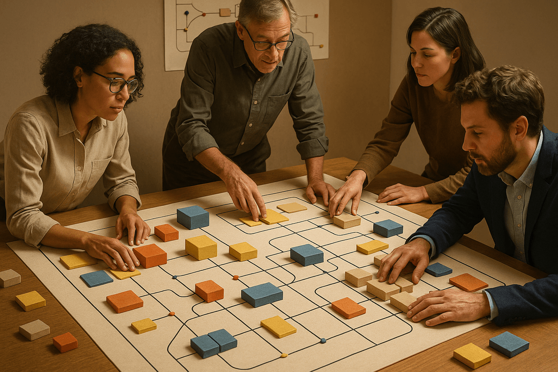 Cover illustration for The Composable Mindset showing interconnected ideas, teams, and capability thinking