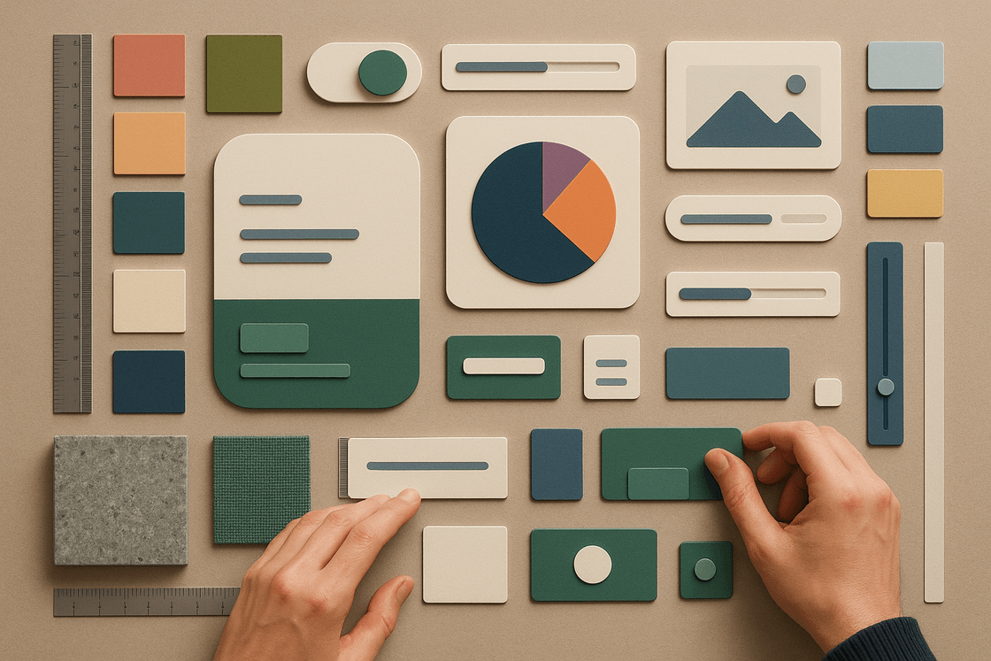 Cover illustration for The Composable Design System showing reusable interface patterns arranged as a governed system