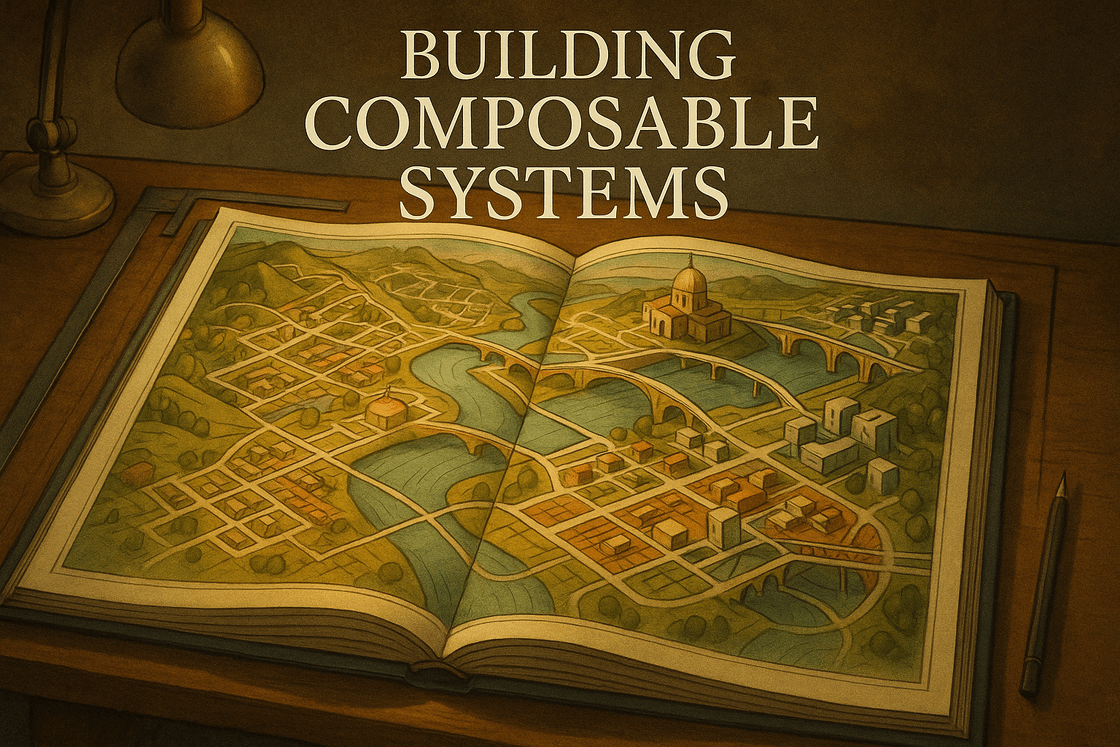 Cover illustration for the Building Composable Systems table of contents showing a navigable map through the series