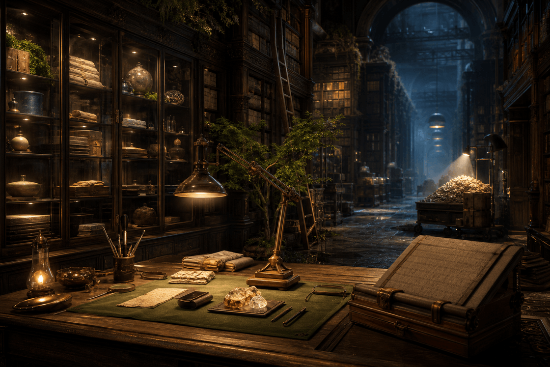 A living archive where a small active workbench connects to a ledger, curated artifact shelves, and a distant fading record hall