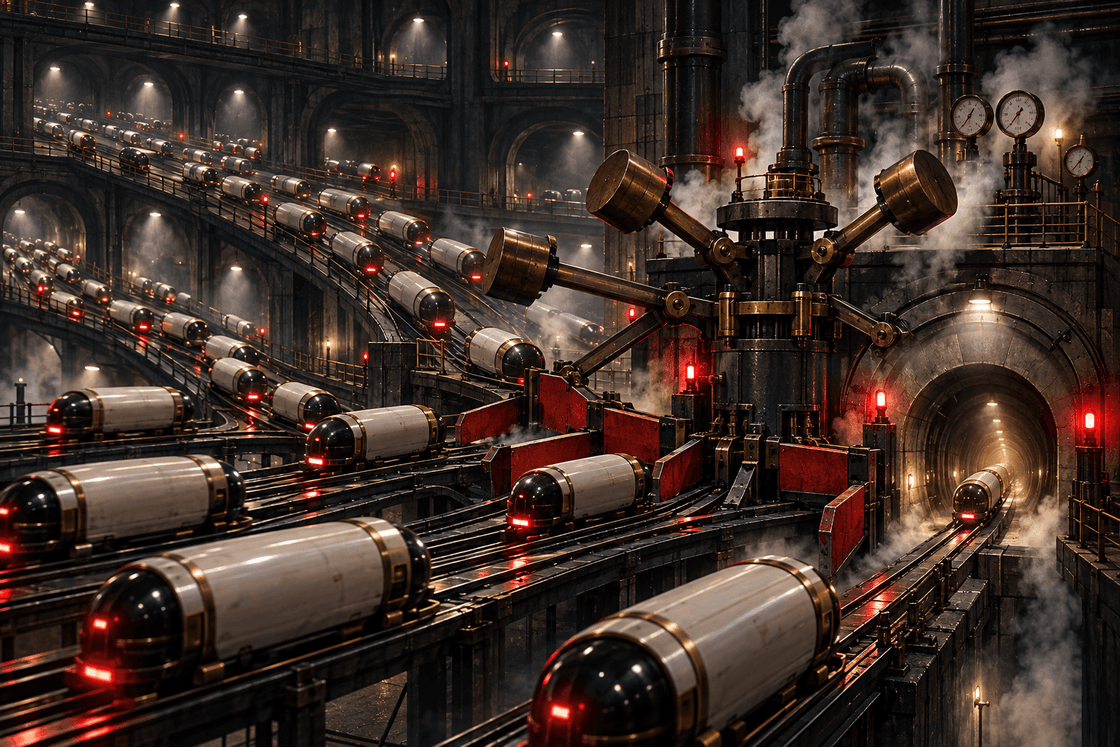 A mechanical governor meters crowded cargo capsules into a single tunnel inside a steam-filled switching hall