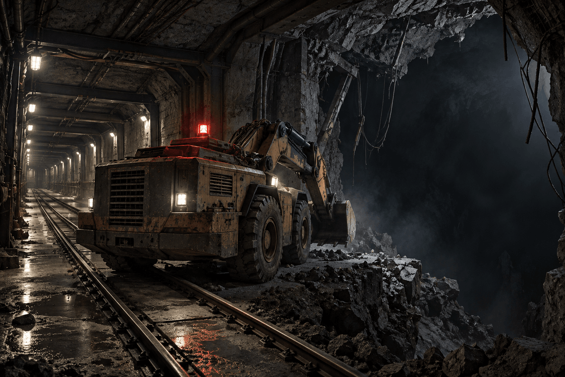 An autonomous excavation vehicle stops where the verified tunnel ends at an unstable unlit void