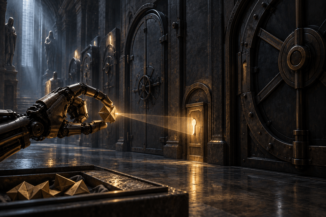 A mechanical hand uses one small brass token to unlock a narrow door while larger vaults remain sealed