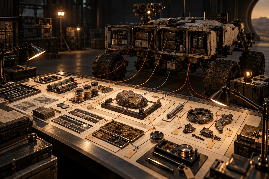 Expedition samples and artifacts are arranged on an inspection table and connected to their compartments in an autonomous rover