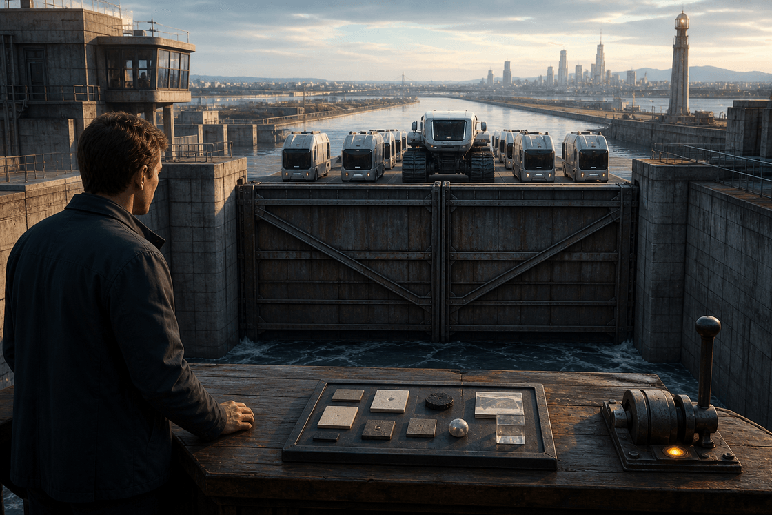 A human operator at a quiet control bridge opening one guarded lock as an autonomous machine convoy waits with visible evidence