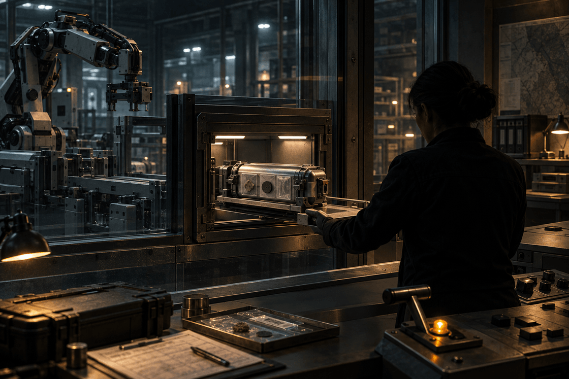 An autonomous work cell passes a sealed evidence canister through a transfer lock to a human operator