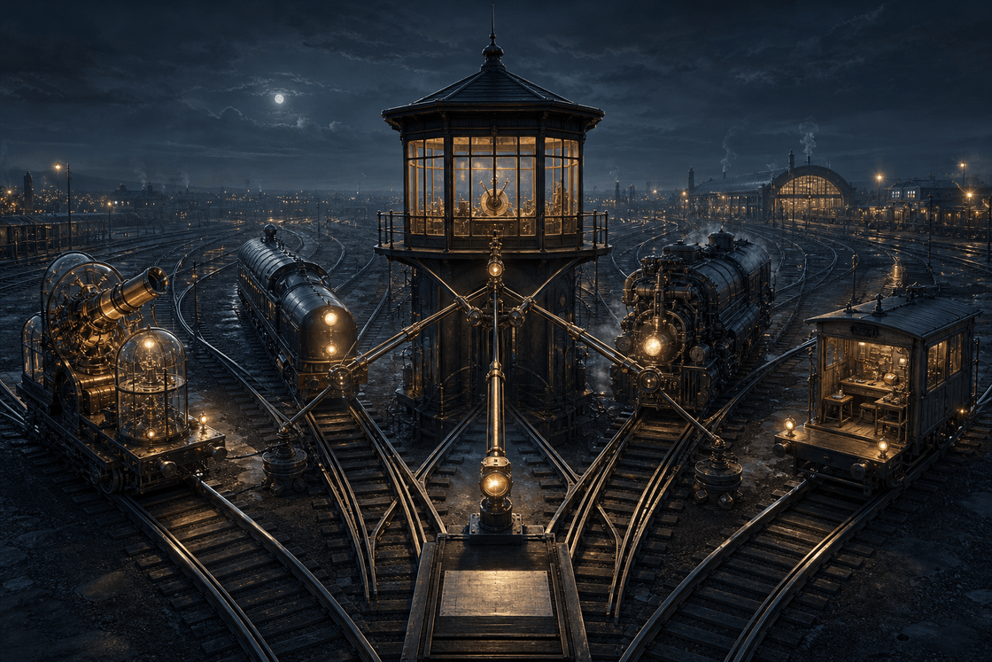 A moonlit railway switchyard routes work among a precision instrument, a fast engine, a heavy locomotive, and a compact workshop car