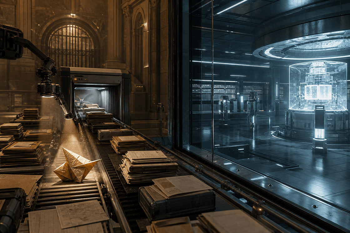 A secure archive checkpoint separating a luminous AI operator from a convincing mechanical decoy hidden inside incoming documents