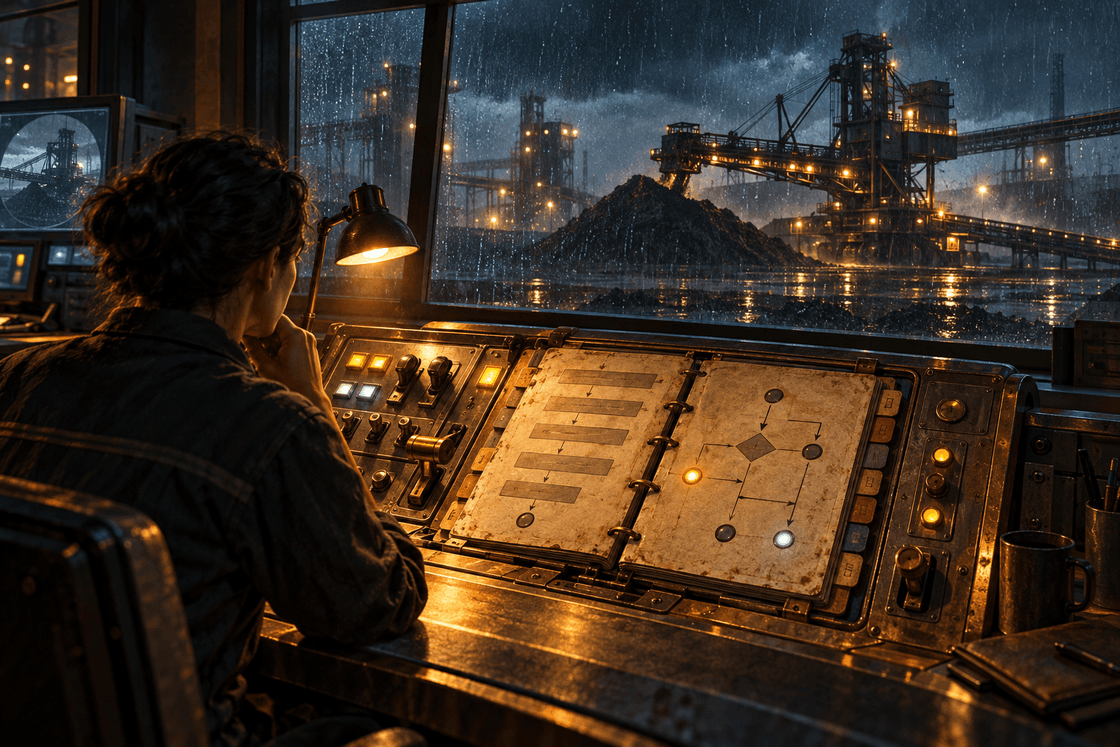 An operator uses a weathered runbook built into an industrial control desk while autonomous machinery works outside in a storm